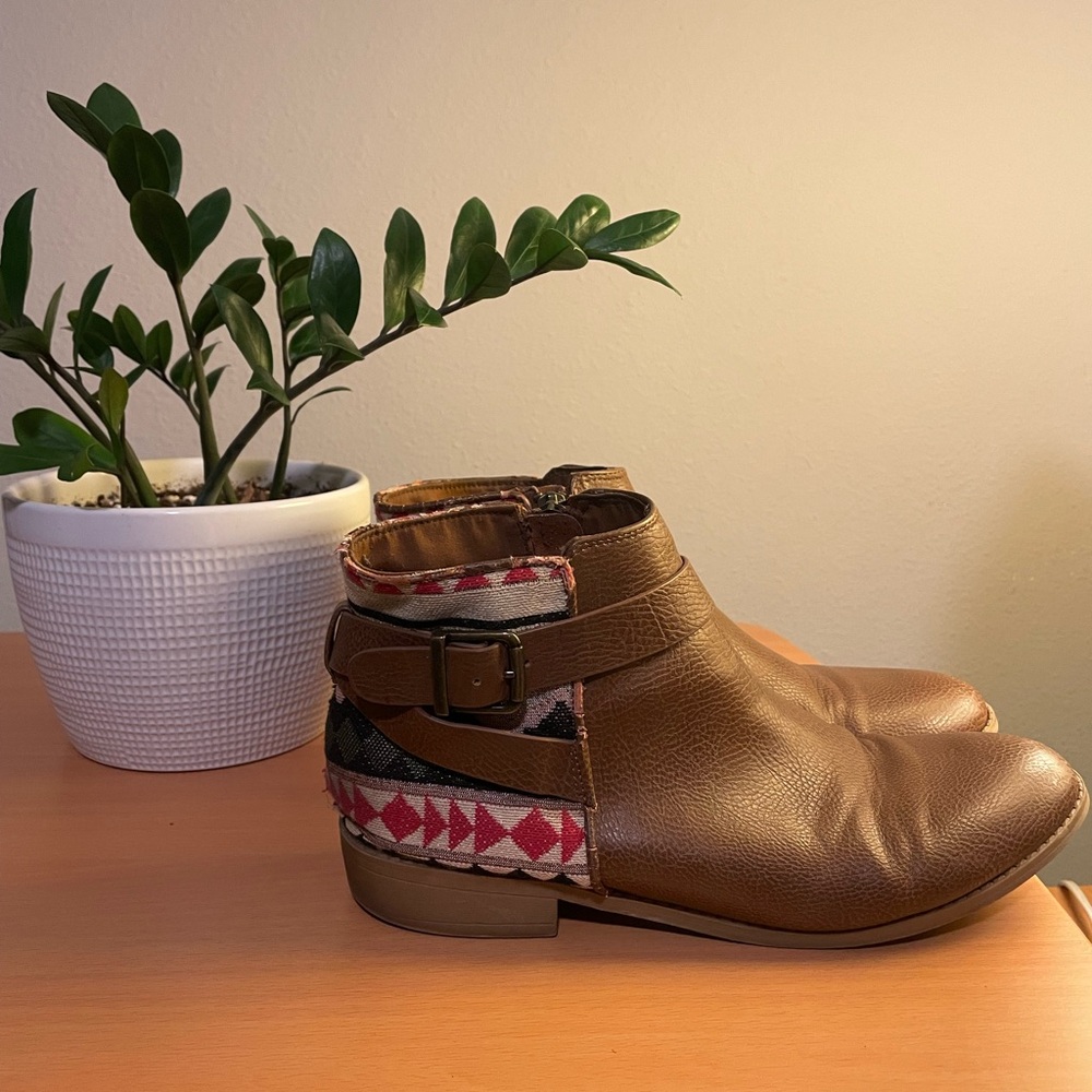 Brown Ankle Boots with Patterned Accent